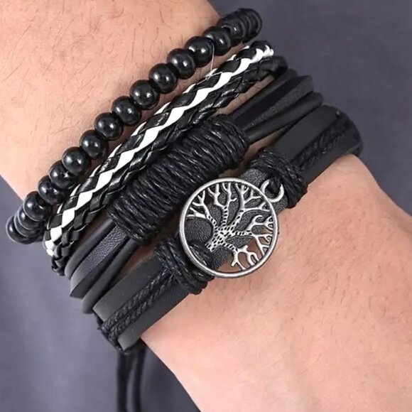 Leather Cuff Bracelet 4pc Tree of Life Black Wrist Rock Edgy Grunge Beads Trendy - Picture 2 of 4